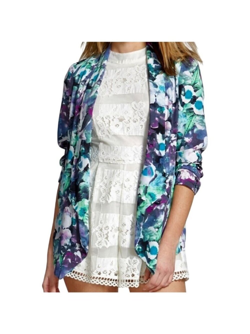 ASTR Womens Cardigan Blazer L Open Front Draped Watercolor Floral Print Multicol